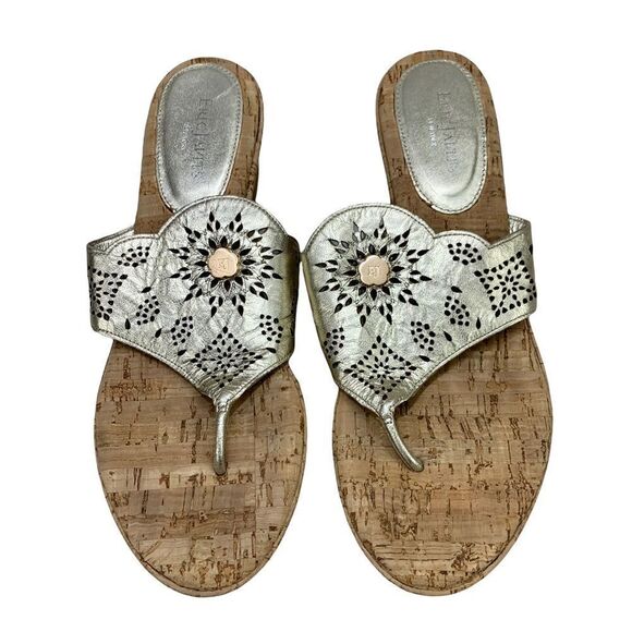 Eric Javits Gold Leather with Cutouts Cork Wedge Thong Sandals 10 NARROW - Picture 1 of 11